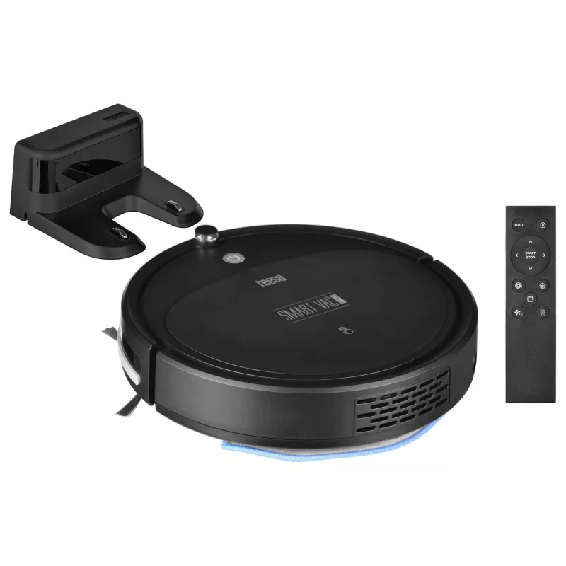 Robot vacuum cleaner TEESA Smart VAC 2 — apaļš, melns, 1000 Pa sūkšanas jauda, 9,6V/2000mAh Li akumulators, 0,2 L putekļu kaste, Wi‑Fi, automātiska atgriešanās