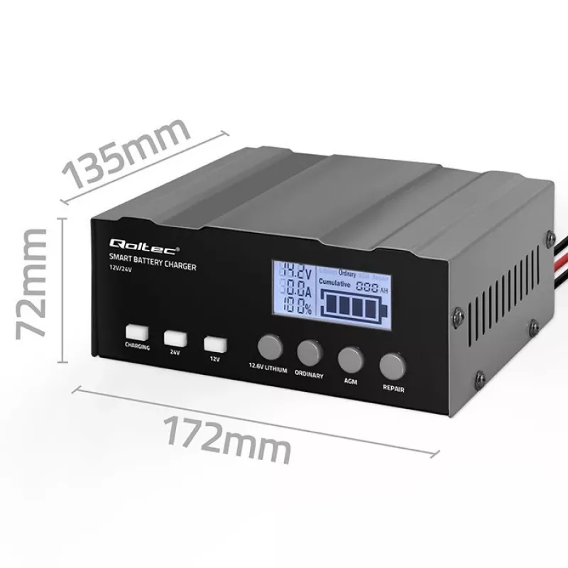 Bateriju lādētājs QOLTEC 52491 mikroprocesora 12V/12.6V/24V ar LCD