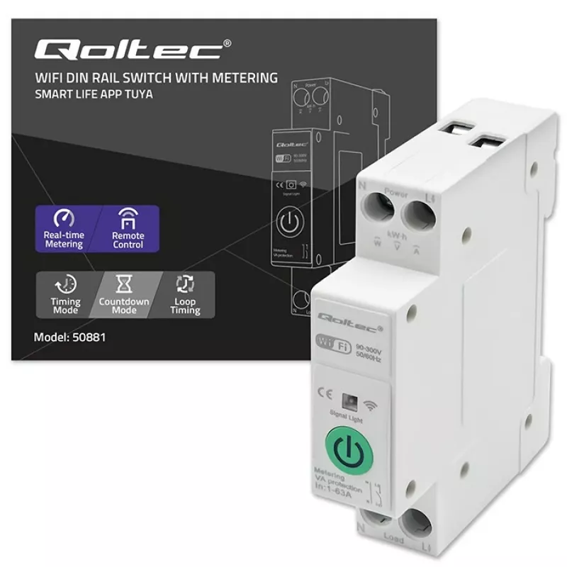 DIN-sliedes WiFi relejs QOLTEC 50881 — tīkla komutācijas relejs 63A elektrības instalācijām