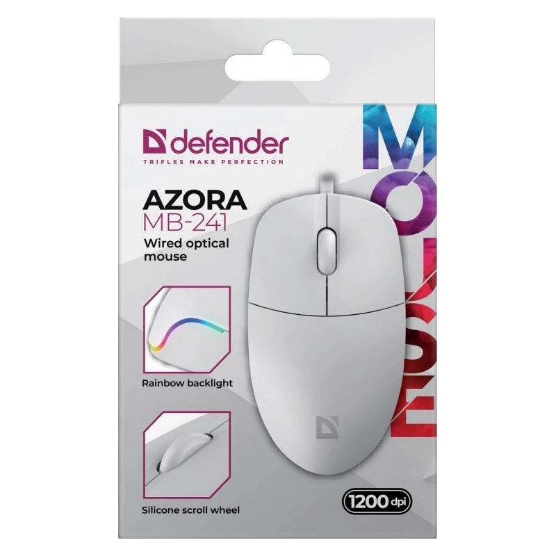 Vadu pele DEFENDER AZORA MB-24 — piemērota abām rokām USB optiskā, 1200 DPI, 3 izšķirtspējas režīmi, balta, 109×86×34 mm