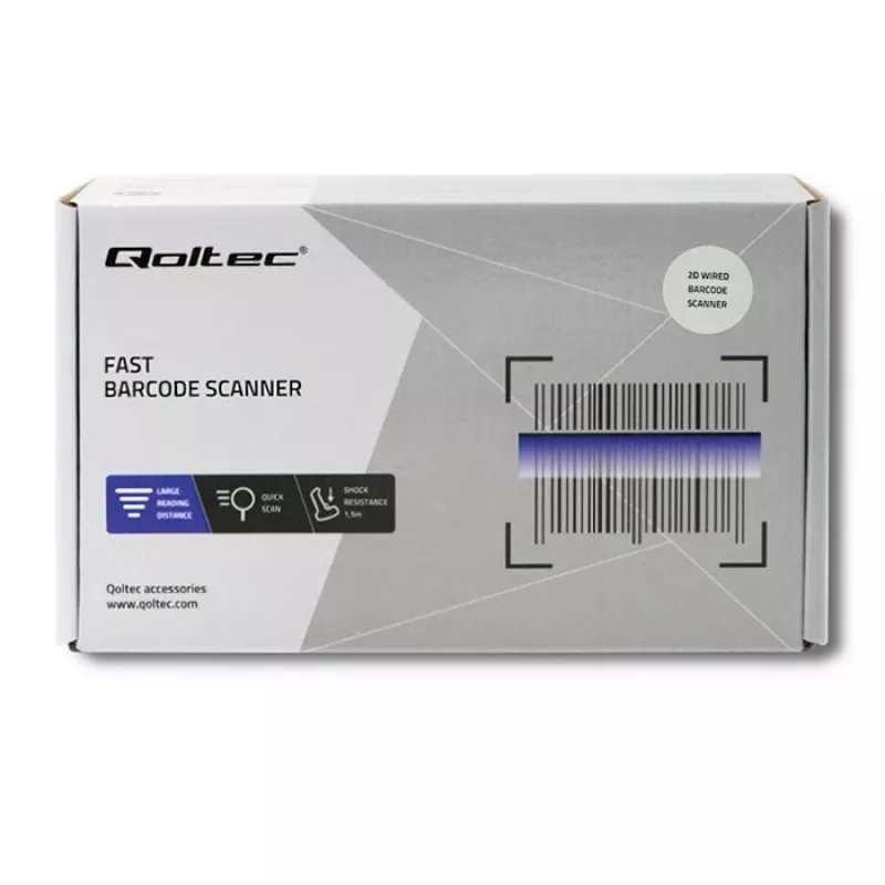 Rokas svītrkodu lasītājs QOLTEC 50863 — 1D/2D skeneris, USB vadu savienojums, LED sensors, melns, 5V, 1,8 m kabelis