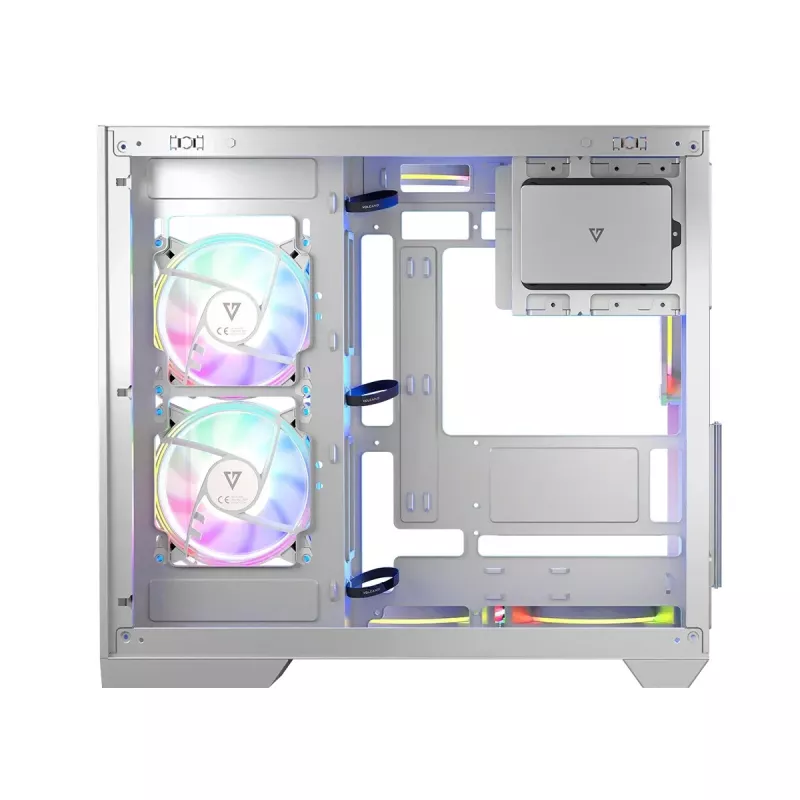 PC korpuss MODECOM Volcano Panorama Midi Tower balts — micro ATX, rūdīts stikls, ARGB, USB-C, atbalsta GPU 400 mm