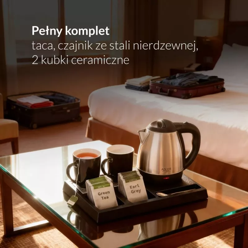 Adler AD 1354 Viesnīcas tējkanna no nerūsējošā tērauda 1,2 L + paplāte ar krūzēm melna, tērauds