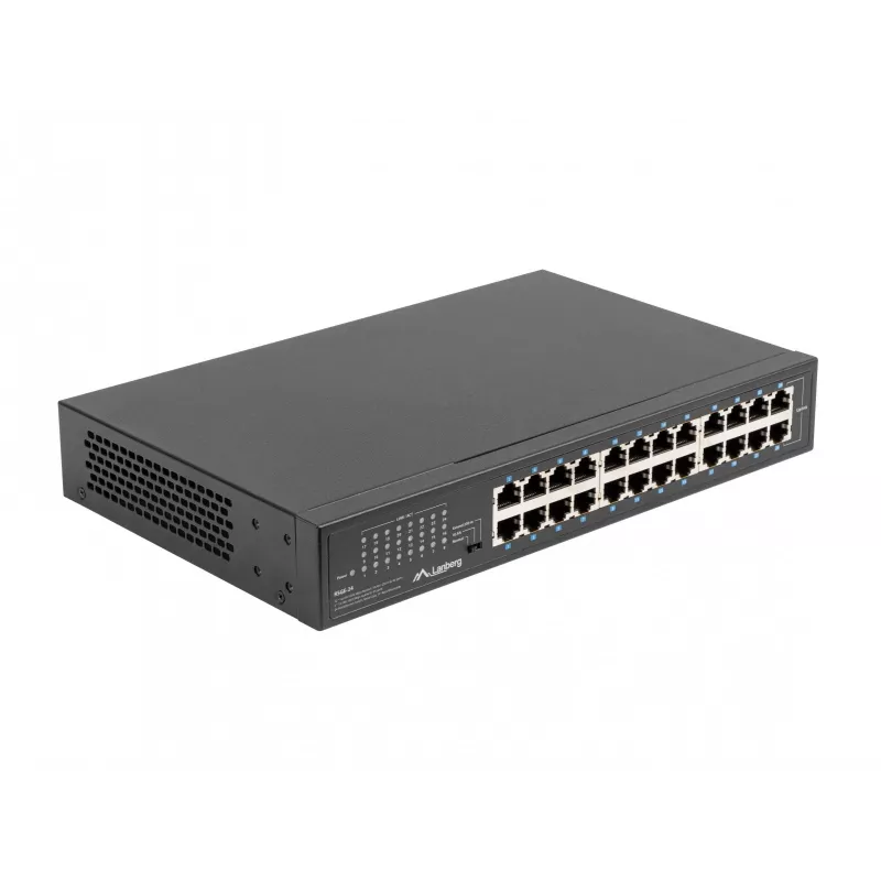 Nepārvaldāms komutators LANBERG RSGE-24 — 24× Gigabit Ethernet 1U, montējams statīvā, melns