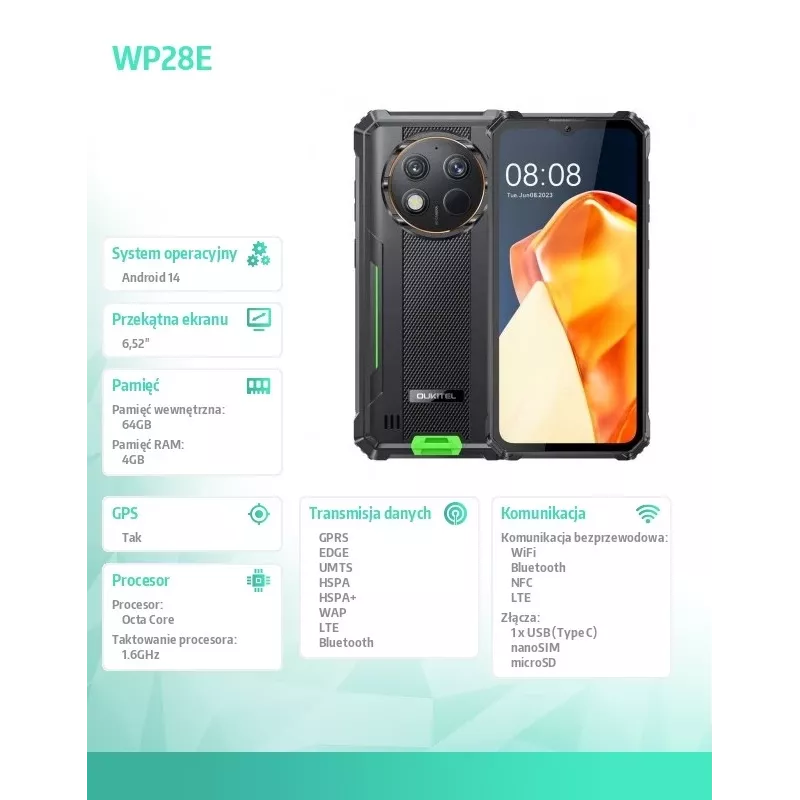 Oukitel WP28E 4/64 10600mAh DS viedtālrunis. Zaļš bez lādētāja