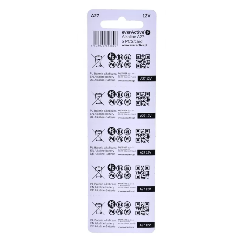 Uzlādējamu bateriju komplekts everActive 27A5BL, sārmu, 12 V, cilindriskas, 5 gab., 27,3 × 7,62 mm