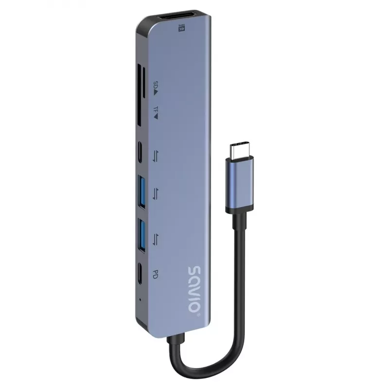 USB Type-C centrālmezgls SAVIO AK-82 ar HDMI, MicroSD, USB 3.2 Gen1, PD caurlaidi, 4K@30Hz, 5000 Mbit/s, melns