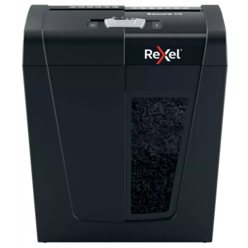 Papīra smalcinātājs REXEL Secure X8 — šķērsgriezuma P-4, 4x40 mm, 8 lapu ietilpība, 14 l tvertne, melns