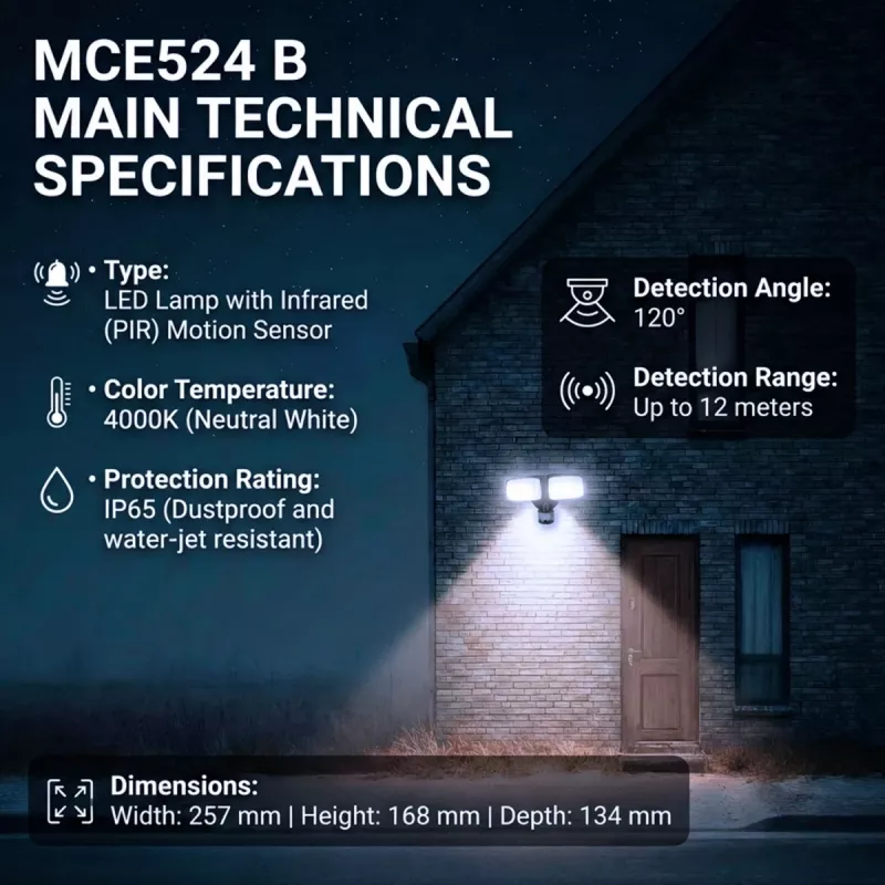 LED sienas lampa MACLEAN MCE524 ar PIR kustības sensoru, modelis MCE524 B