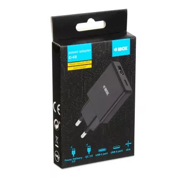 iBOX C-43 Slim GaN PD30W sienas lādētājs, melns