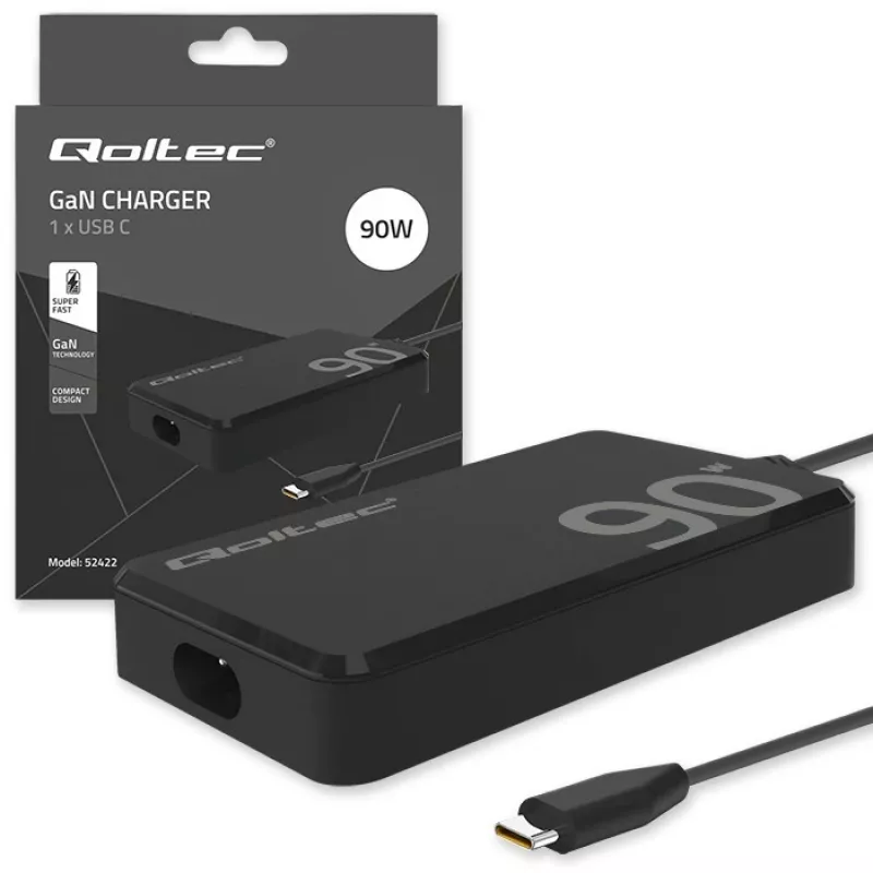Qoltec 90W GaN Super Fast SLIM sienas lādētājs | XP | 5-20V | 4.5A | USB-C 3.1 | Portatīvais dators | MacBook | Viedtālrunis | + kabelis