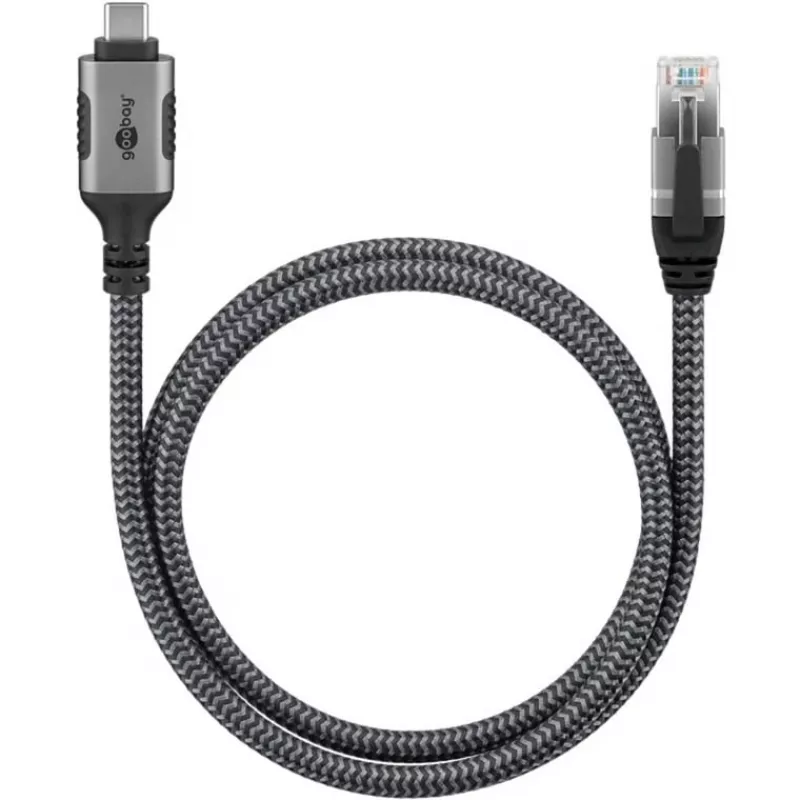 Ethernet-kabelis USB-C 3.2 Gen2 Plug > RJ-45 Plug, LAN-Adapter Melns/Sudraba, 1,5 Meter, braided textile jacket