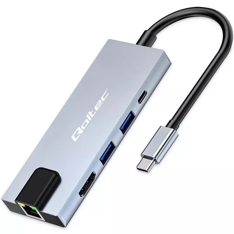 USB-C centrmezgls QOLTEC 53795 5-in-1 ar 100W PD, 2×USB-A, HDMI 4K, RJ45