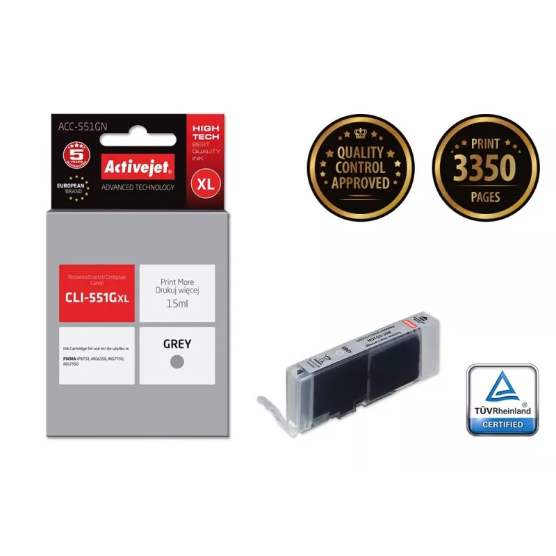 Tintes kasetne ActiveJet ACC-551GN — saderīga Canon CLI-551GXL, Pelēka, Augsta (XL) ietilpība 15 ml
