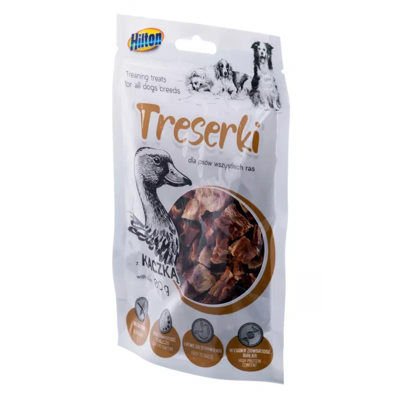 Suņu apmācības kārumi Hilton Treaning Treats Duck 80 g — mīkstie apmācības našķi ar pīles garšu