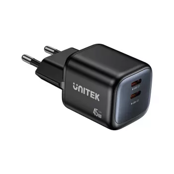 Unitek sienas lādētājs 2x GaN 45 W — 2× USB‑C PD 3.0 un QC ātrā uzlāde