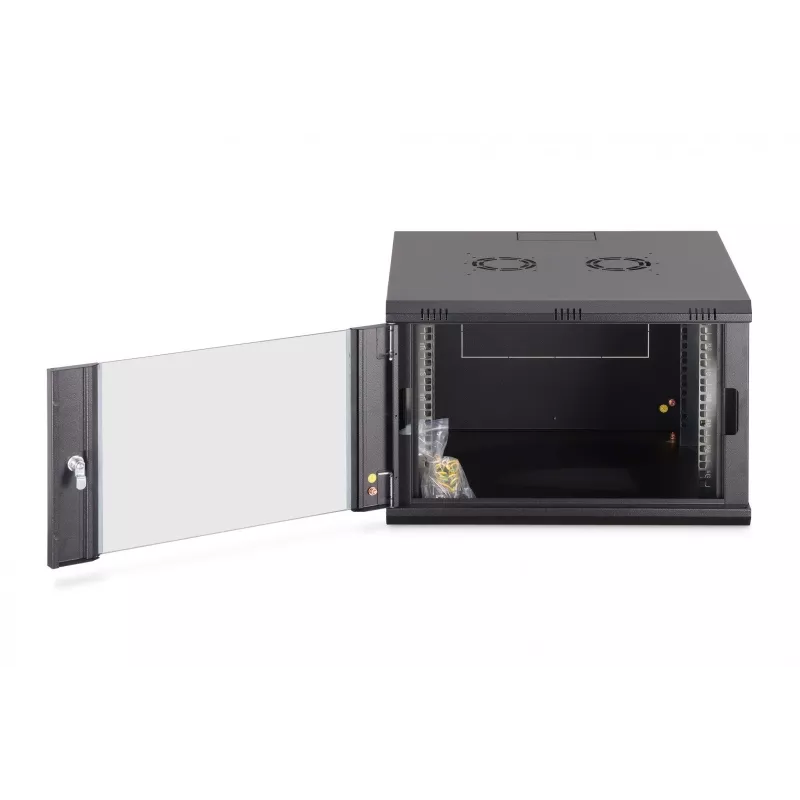 Pie sienas stiprināms 19 collu plaukta skapis DIGITUS Dynamic-N DN-37103 — 7U, 600x600 mm, IP20, nekomplektēts, melns