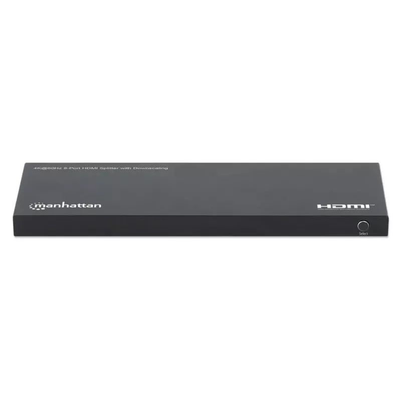 Manhattan 4K@60Hz 8 portu HDMI sadalītājs ar pazeminātu izšķirtspēju, sadala vienu HDMI ieeju astoņās HDMI izejās (1x8), 18G, EDID pārslēgs izšķirtspējas pazemināšanai, melns