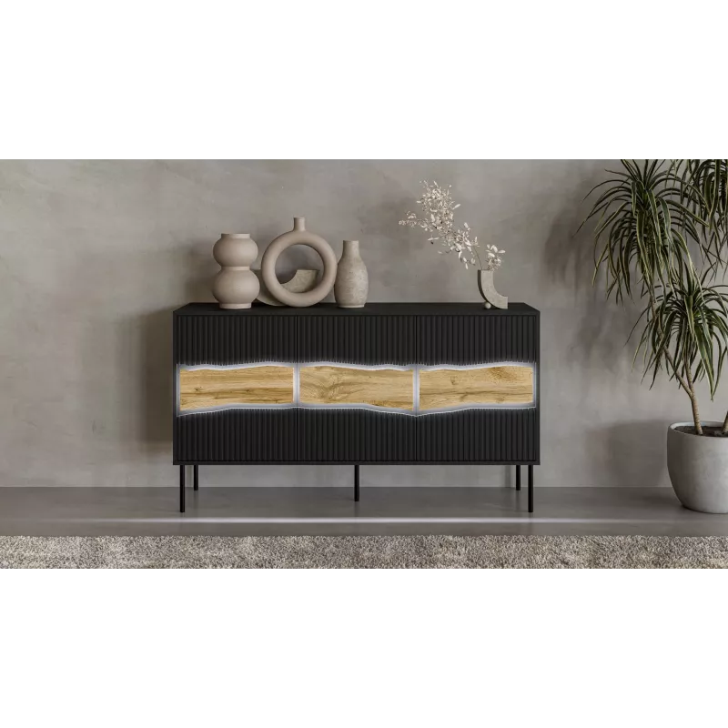 Kumode cama meble INSERTO 3D 143,5×40×80 cm melna ar LED, skaidu plātne, 16 mm rāmis