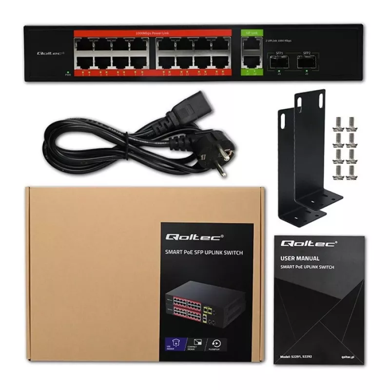 Tīkla komutators QOLTEC 52292 — Gigabit Ethernet PoE, 16x RJ45, 2x RJ45 augšupsaites, 2x SFP