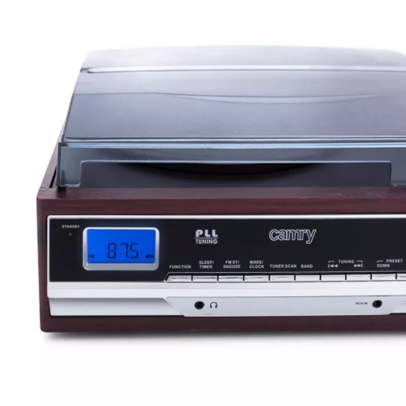 Audio atskaņotājs Camry CR 1168 — melns ar koka apdari, 33/45 RPM, iebūvēti skaļruņi, RCA izeja