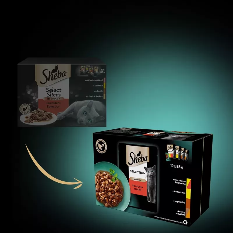 Mitrā kaķu barība Sheba Moist, paciņas 12×85 g (1020 g), vista & jērs, pieaugušiem kaķiem