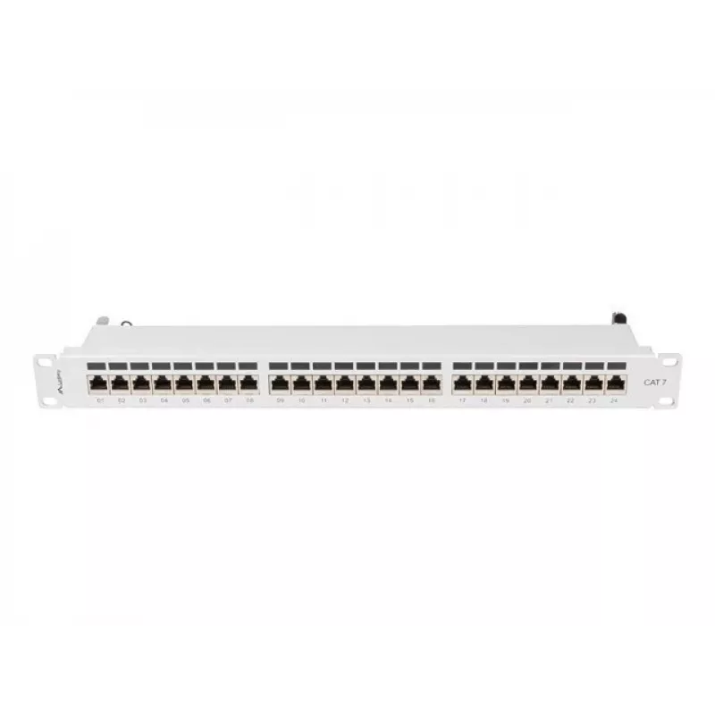 Patch panel 1U LANBERG PPS7-1024-S — 24-portu, Cat7, F/UTP, metāla, 1U (445×102×44,5 mm)
