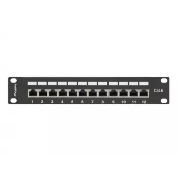 Plākstera panelis LANBERG PPF6-9012-B — 12 portu RJ45, metāla, melns, 1U (215×44,5×130 mm)