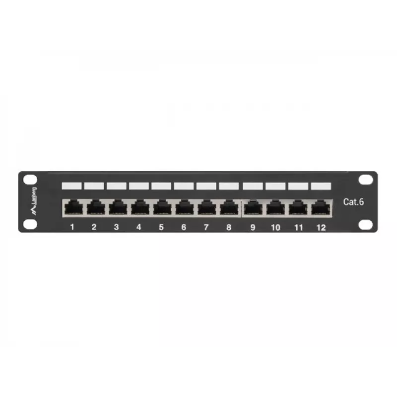 Plākstera panelis LANBERG PPF6-9012-B — 12 portu RJ45, metāla, melns, 1U (215×44,5×130 mm)