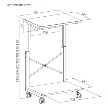 CPU ratiņu statīvs ar NanoRS plauktu, maks. 80 kg, regulējams augstums 550–850 mm, RS430
