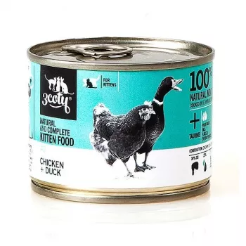 Mitrā kaķu barība 3coty ar vistu un pīli kaķēniem 180 g — pilnvērtīga mitrā barība, olbaltumvielas 20%, tauki 9%, mitrums 69,2%