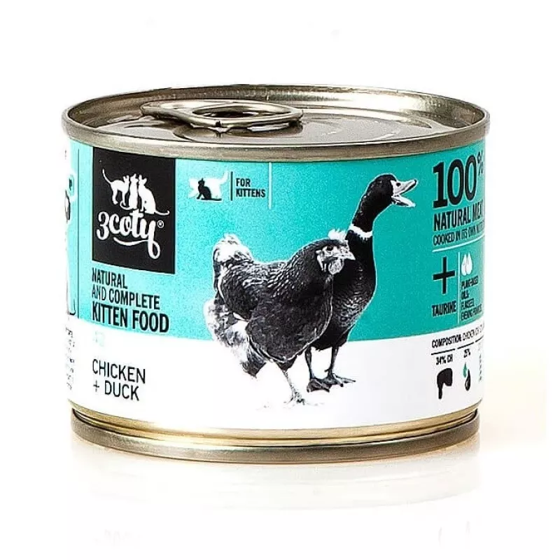 Mitrā kaķu barība 3coty ar vistu un pīli kaķēniem 180 g — pilnvērtīga mitrā barība, olbaltumvielas 20%, tauki 9%, mitrums 69,2%