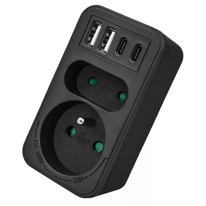 Strāvas sadalītājs MACLEAN MCE249 F/B — 2 maiņstrāvas ligzdas (16A + 6A) ar 2×USB-A un 2×USB-C PD 20W, ES spraudnis, melns