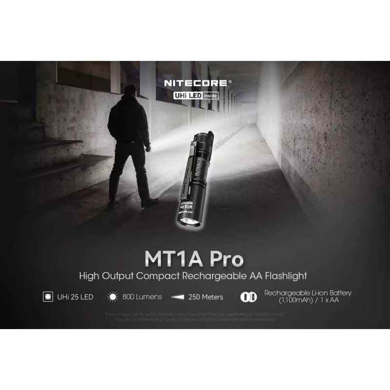 Rokas lukturis Nitecore MT1A Pro — LED 50 lm, uzlādējams caur USB, 1100 mAh, alumīnijs, ūdensizturīgs, triecienizturīgs, melns