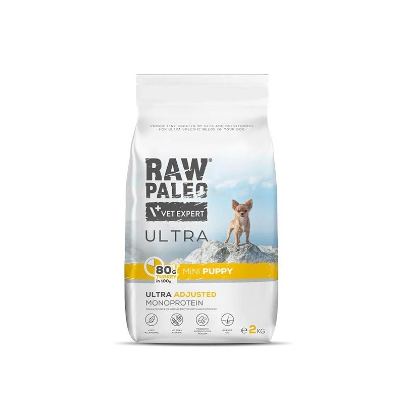 Sausa suņu barība VETEXPERT RAW PALEO Ultra Mini Puppy Turkey 2 kg — sausas granulas, monoproteīns, 30% olbaltumvielu, 14% tauku, mazo šķirņu kucēniem 2–4,9 kg