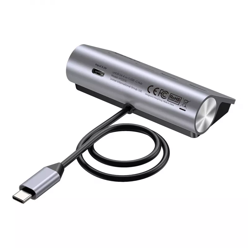 USB centrmezgls Unitek H1337AGY01 — 4 portu (2×USB-C, 2×USB-A), līdz 5 Gbps katram portam, alumīnija, sudraba krāsā