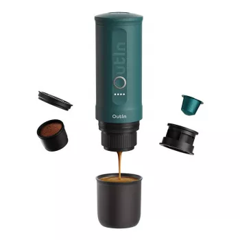 Portable espresso maker OUTIN Outin Nano Melns Teal — 20 bar, ground coffee, 7500 mAh battery, 0.67 kg