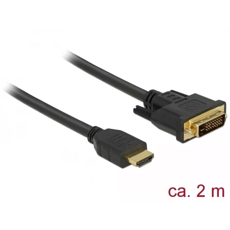 DeLOCK - Video kabelis - HDMI / DVI - DVI-D (vīrišķais) uz HDMI (vīrišķais) - 2,0 m - Trīskārša izolācija - Melns - Skrūves (85654)