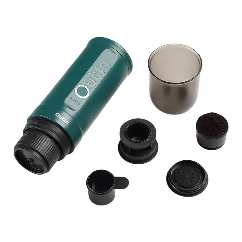 Portable espresso maker OUTIN Outin Nano Melns Teal — 20 bar, ground coffee, 7500 mAh battery, 0.67 kg
