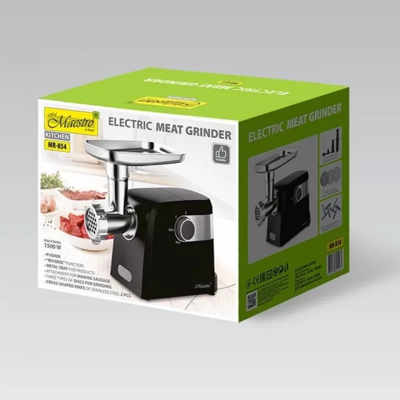Elektriskā gaļas maļamā mašīna Maestro MR-854, 1500 W, 2 ātrumi, 3 sieti, desu uzgalis, melna
