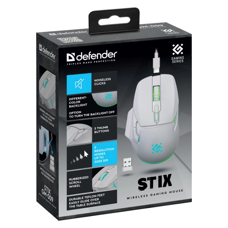 Bezvadu pele DEFENDER Stix GM-009 RF — optiska 3200 DPI, 6 pogas, piemērota abām rokām, USB RF, darbināma ar baterijām, balta