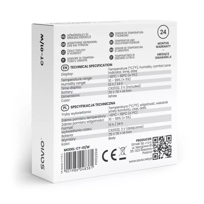 Iekštelpu temperatūras un mitruma sensors SAVIO CT-01/W, LCD displejs, -10–55°C, 10–99%RH, baterija CR2032
