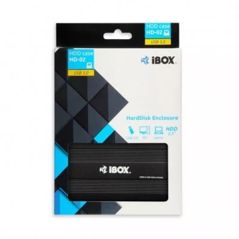 HDD korpuss IBOX HD-02 melns 2,5 collu SATA diskdziņiem, USB 3.2 Gen 1 (Type-A), viens nodalījums, metāla