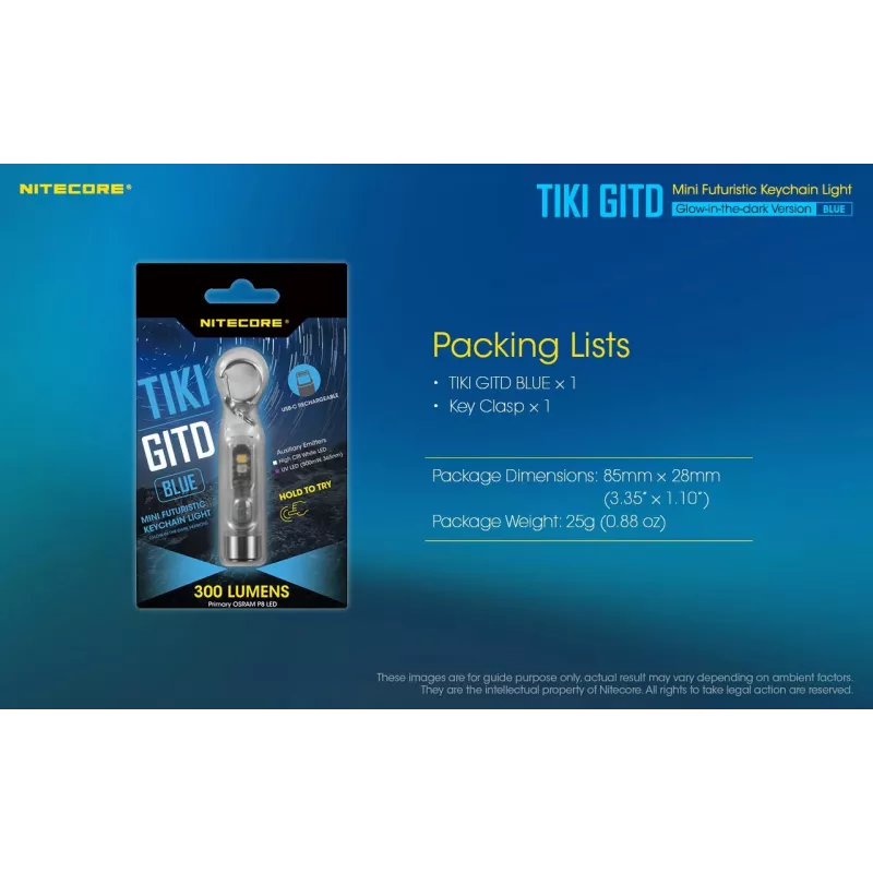 Atslēgu piekariņa lukturītis Nitecore TIKI GITD BLUE — pelēks, USB atkārtoti uzlādējams, 1 lm, 55 mm, 12 g, IP66, triecienizturīgs