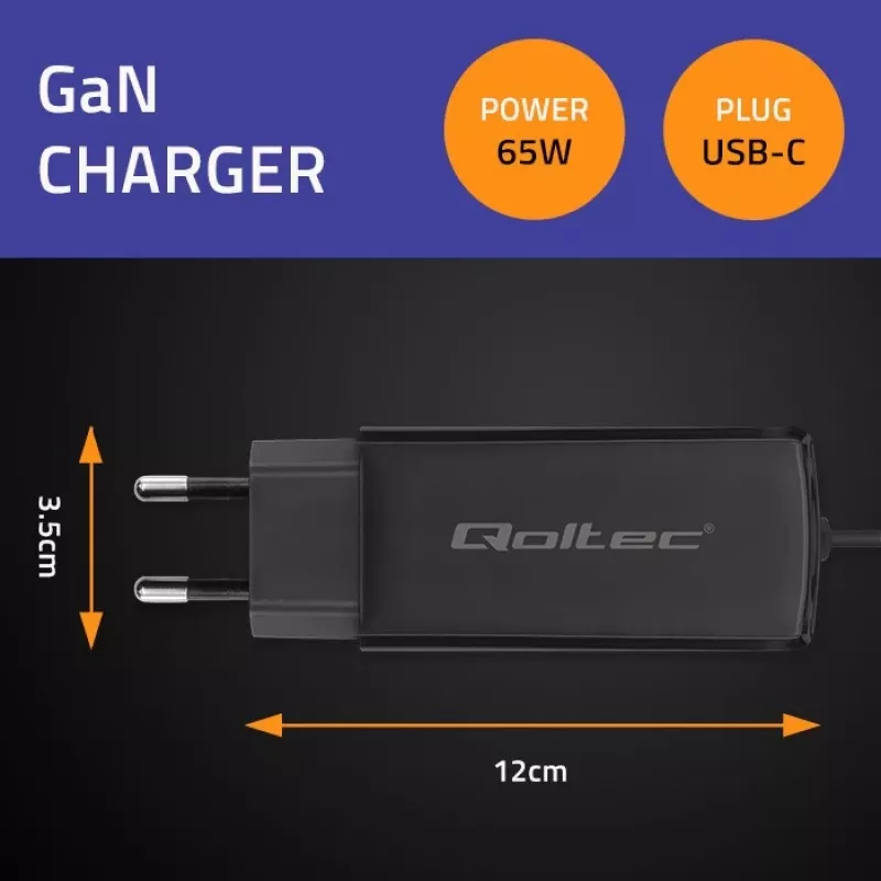 GaN klēpjdatoru lādētājs QOLTEC 52419 65W USB-C PD 5V/20V 3A/3.25A, 220–240V, 1,8 m kabelis, melns