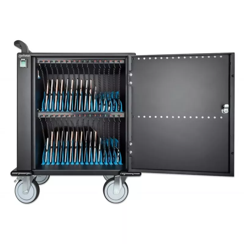 Manhattan uzlādes ratiņi 32 nodalījumiem, iPad līdz 13 collām, MacBook Air līdz 13 collām un Chromebook līdz 14 collām, izmantojot USB-C, arī citiem planšetdatoriem/viedtālruņiem (ar ierīces USB-C kabeli), nodalījumi 330x22x235 mm, ierīču uzlādes kabeļi n