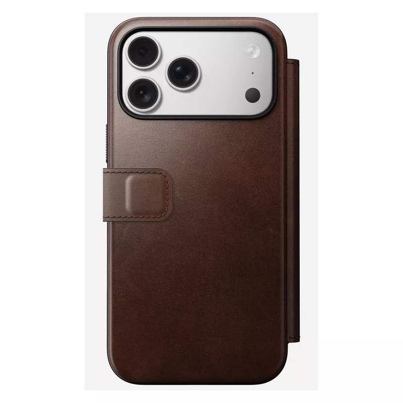 Nomad Modern Leather Folio mobilo tālruņu futrālis iPhone 17 Pro Max — brūna, āda, 6,3 collu ekrāns, 4 karšu kabatiņas