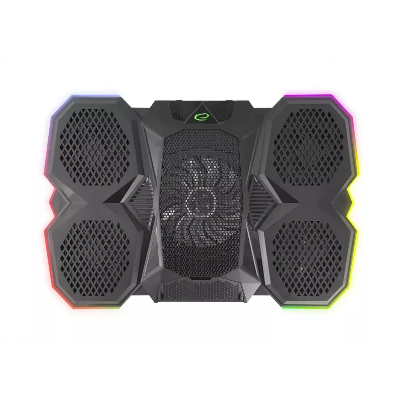 Portatīvā datora dzesēšanas paliktnis ESPERANZA EGC107 — 3 ventilatori 1200–2600 RPM, 390×255×38 mm, USB PD, RGB, 5 augstuma pozīcijas, melns