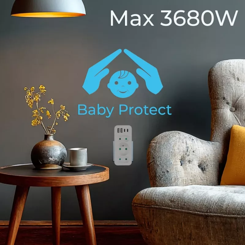Strāvas sadalītājs MACLEAN MCE248 F/W — 3 maiņstrāvas kontaktligzdas (1×16A, 2×6A) + 4×USB (2×A, 2×C PD 20W), ES kontaktdakša, balts