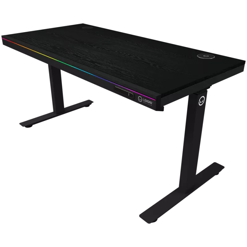 Galds spēlēm ar diviem motoriem un regulējamu augstumu sēdus/stāvus, bezvadu lādētājs, RGB apgaismojums, vadības panelis un USB pieslēgvietas, PB melamīna virsma, melns.